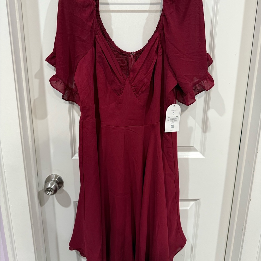 ARULA Burgundy Dress with Flutter Sleeves
